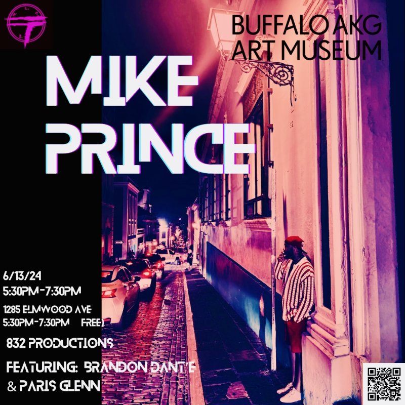 Promotional poster of a man smoking leaning on the side of a building with the text "Mike Prince" 6/13/24 5:30-7:30 pm 1285 Elmwood Ave 832 Productions Featuring Brandon Dante & Paris Glenn