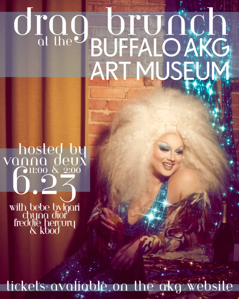 Poster of a Drag artist with a full blonde wig, light to medium skin tone, and a sparkly blue top with the text "Drag Brunch at the Buffalo AKG Art Museum" 
