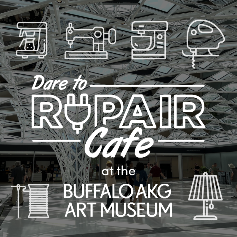 Dare to REPAIR Cafe at the Buffalo AKG (text overlayed onto an image of Common Sky)