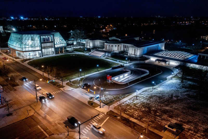 Bird's eye view of the Buffalo AKG campus at night