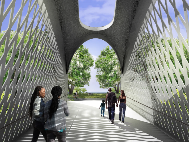 Rendering of people on a pedestrian bridge