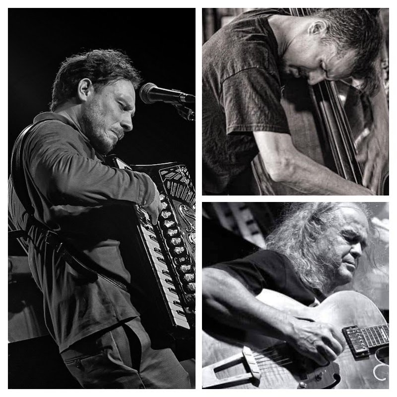 A photo collage of three black and white photos of people playing instruments