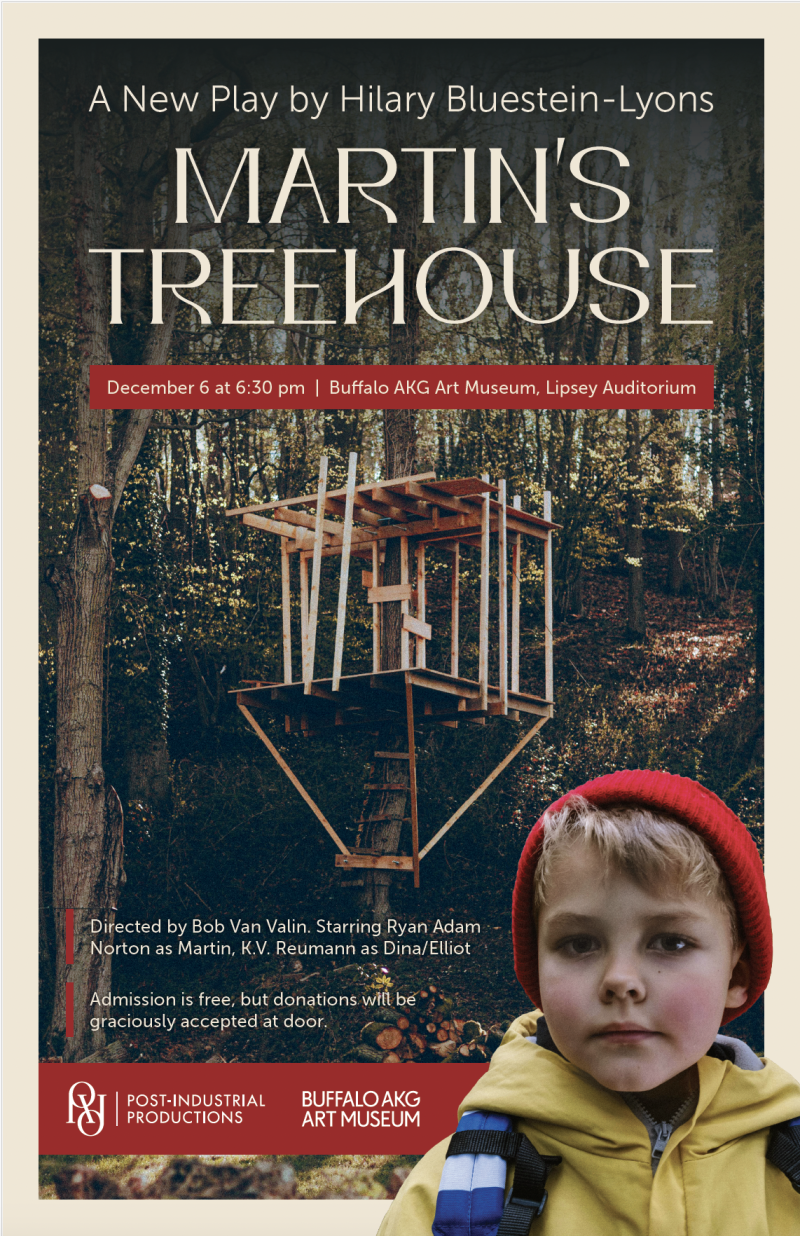 Poster for the play "Martin's Treehouse" with an image of a small child and a treehouse in the background