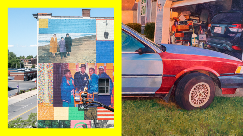 Left image is a collage of diverse scenes including a mural of three people by the sea, a colorful quilt with a picture of four individuals. Right image a painting of an outdoor view featuring a red and blue car parked on grass beside a garage full of items.
