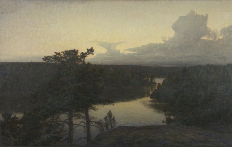 Painting of lake amidst trees seen from a high vantage point