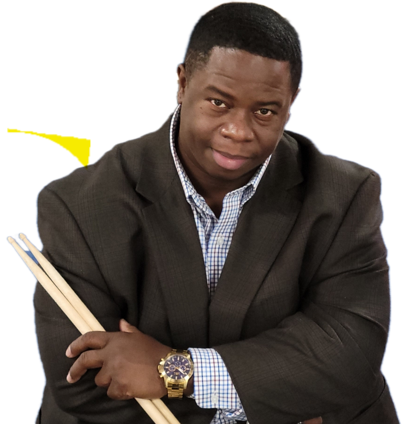 A person wearing a button down shirt and sport coat holding drumsticks 