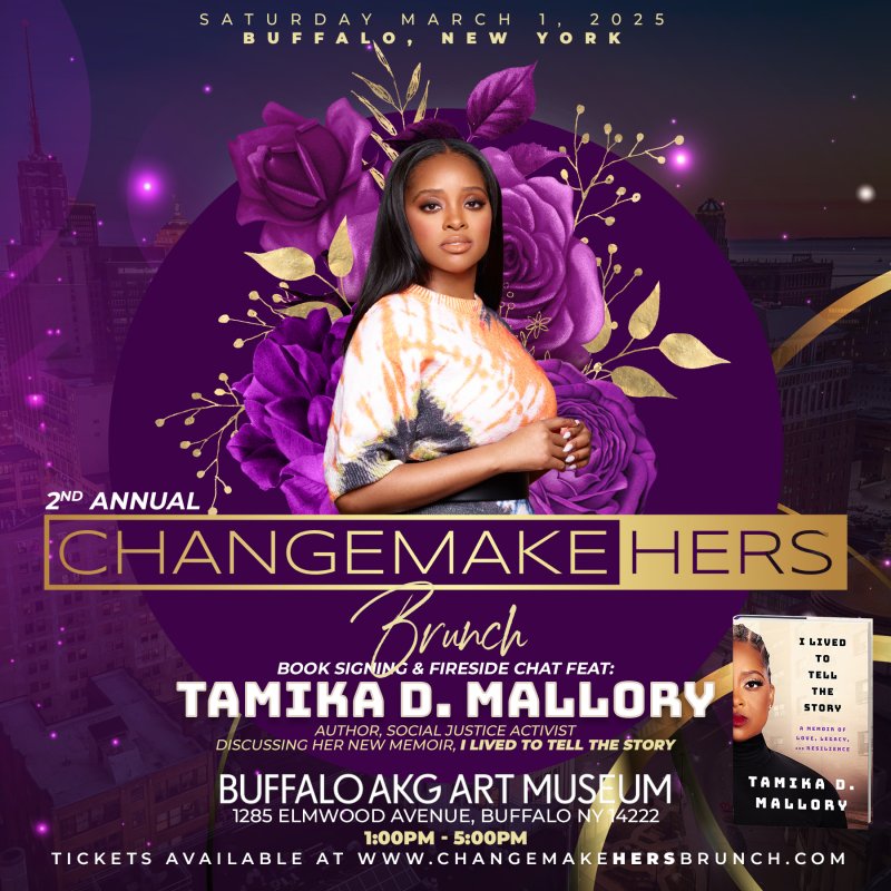 Promotional photo of a person posing with a purple floral backdrop and text that reads "2nd Annual ChangemakeHERS Brunch with Tamika Mallory: Conversation and Book Signing" 