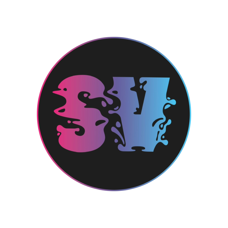 SV in pink and blue font in a black circle