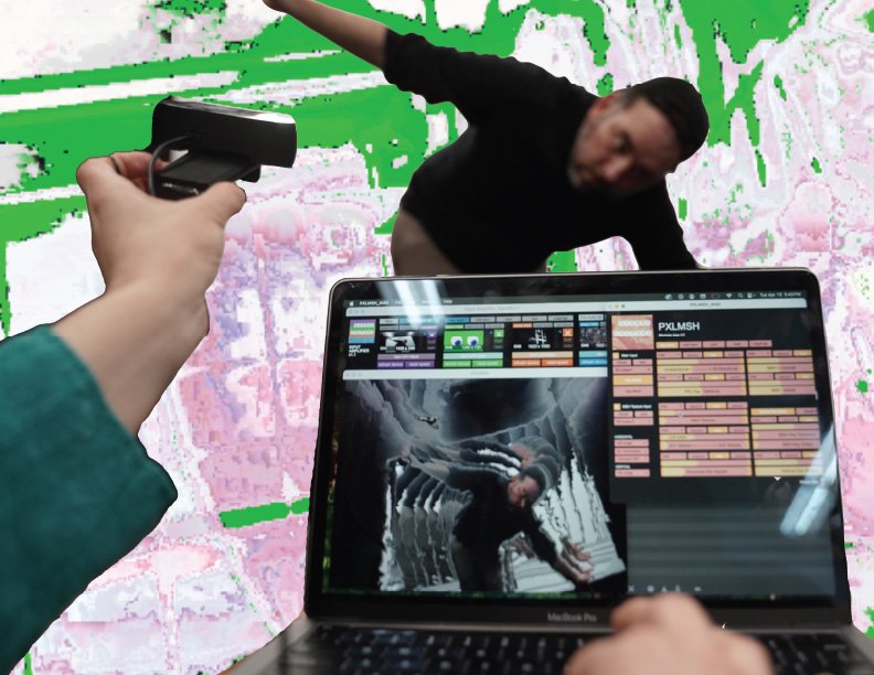 A person uses a handheld scanner to capture 3D data of another individual in motion for a digital animation project, displayed on a MacBook screen with motion capture software interface.
