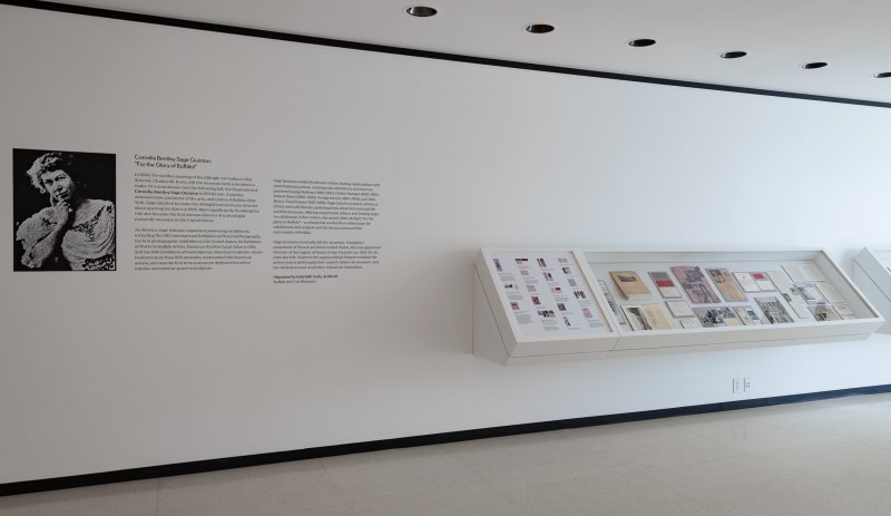 Vinyl display and display case featuring archival newspapers and ephemera about Cornelia Bentley Sage Quinton