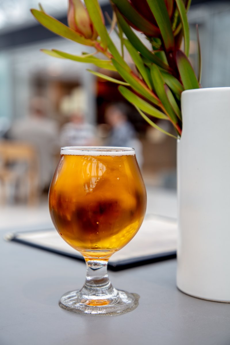 A glass pint of beer next to a plant in a white vase