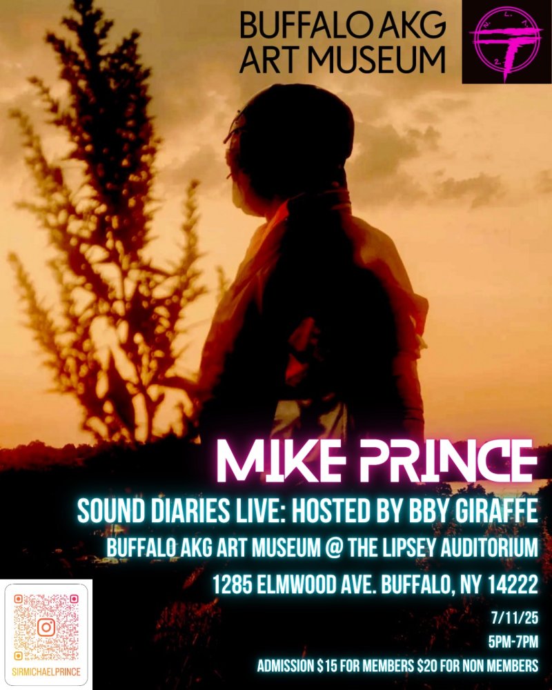 Silhouette of a person looking away from the camera outdoors with text stating "Mike Prince Sound Diaries Live: Hosted By BBY Giraffe"