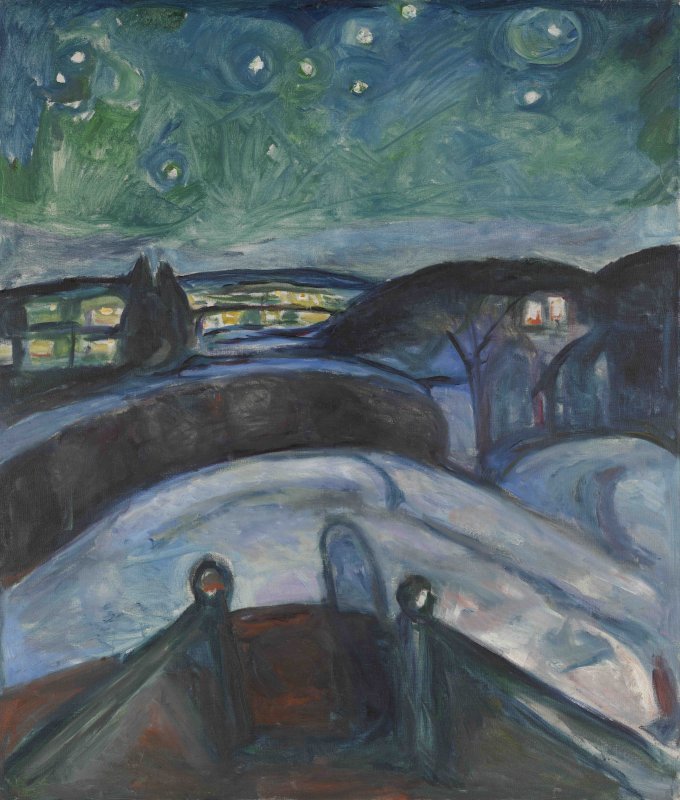 Painting of a night sky in a snowy environment
