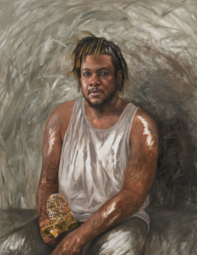 A painting of a person looking at the viewer with a gold lion statue in hand