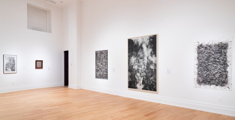 Installation view of a gallery with large black and white photographic prints