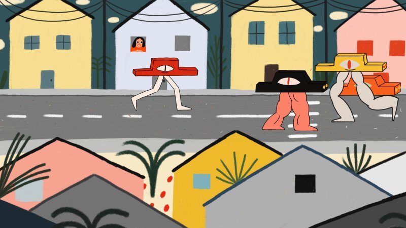 Image from an animation of houses and a street with people walking down from left to right