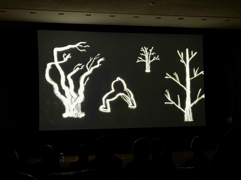 Image of an animatedvideo projected on a screen showing white trees on a black background
