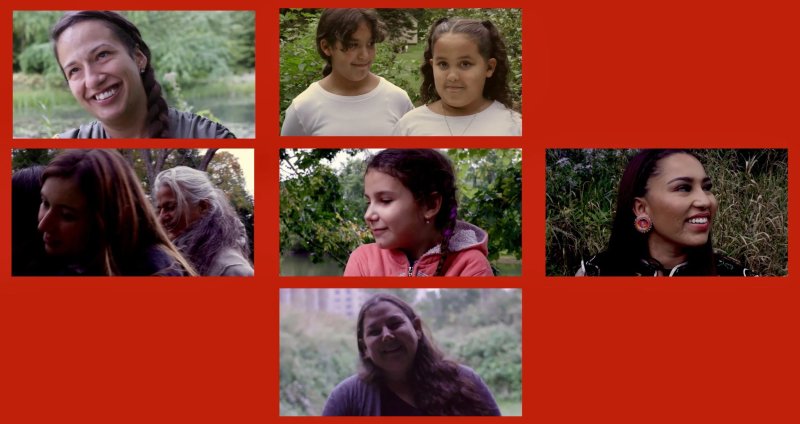 Red background and multiple squares featuring women and young girls smiling