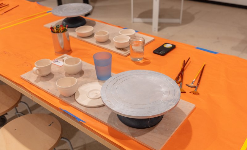In-progress pottery in a studio