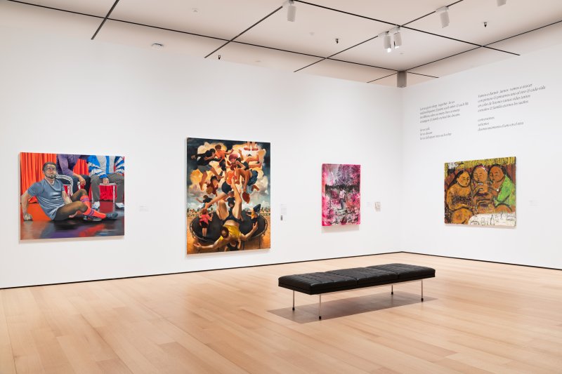 Installation view of paintings on white walls