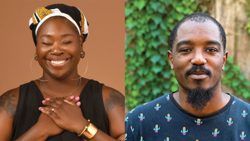 Portraits of two people, one is a woman with a headband and the other is a band with a beard