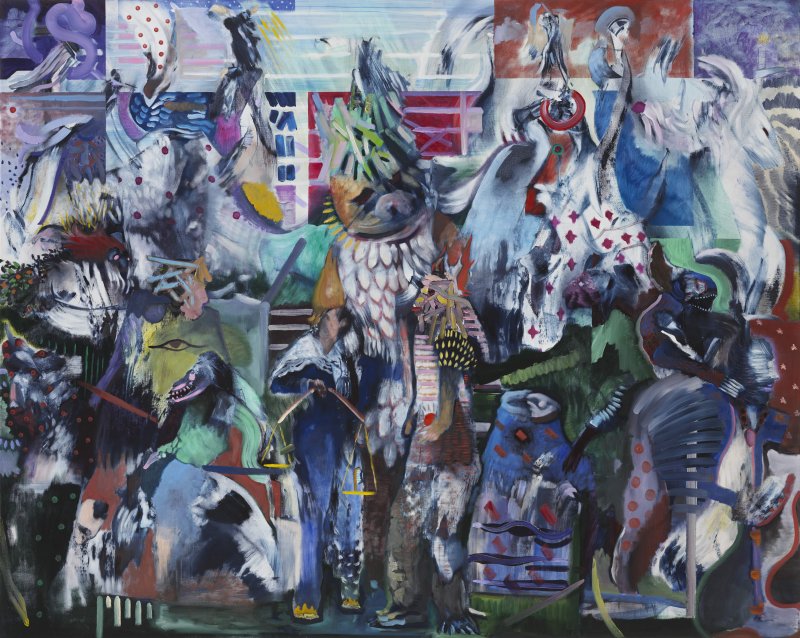 Vibrant abstract work in shades of blue, purple, and pink