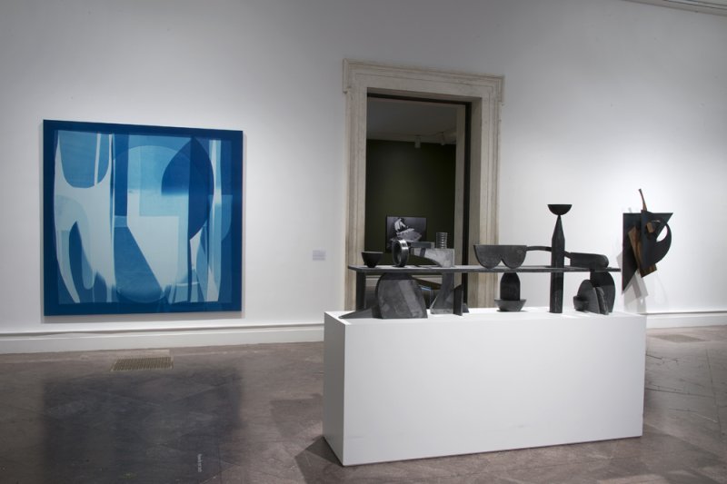 Installation view of Erin Shirreff, with the cyanotype Tacks and bracket, double, 2016