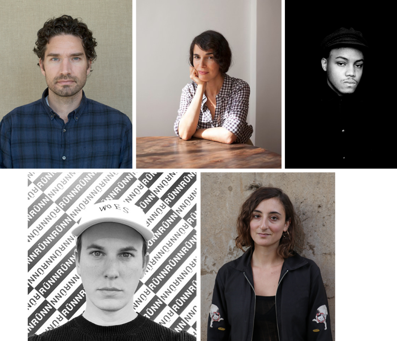 Individual portraits of Kasper Akhøj, Tamar Guimarães, Eric Mack, Willa Nasatir, and Jacob Kassay