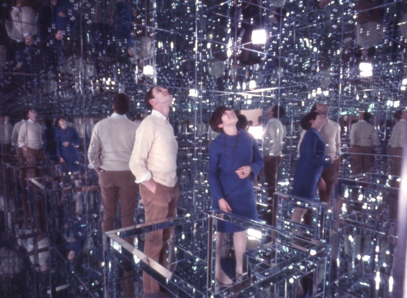 Visitors in Lucas Samaras's Mirrored Room, 1966, on December 15, 1966