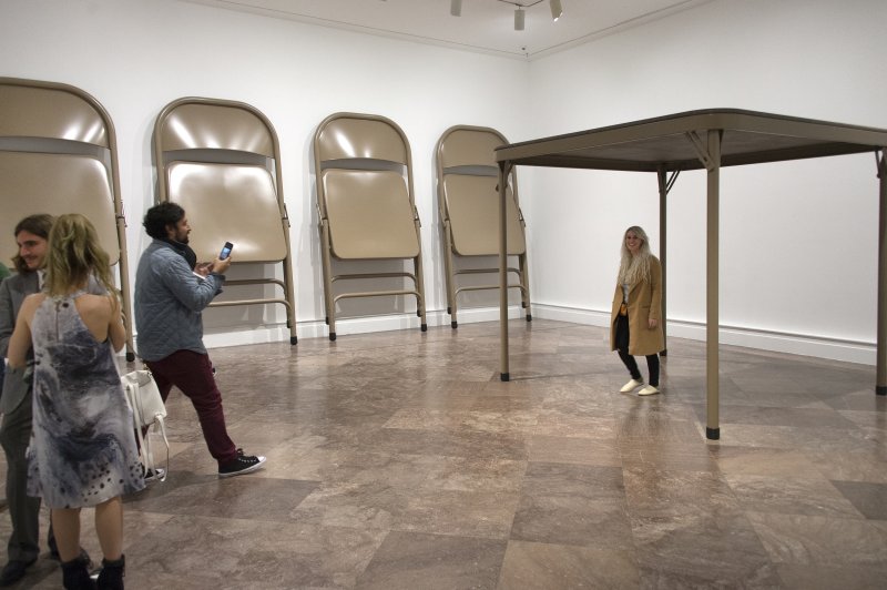 Installation view of Robert Therrien’s No title (folding table and chairs, beige), 2006