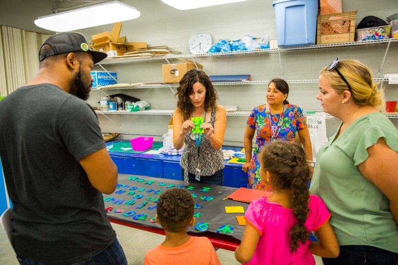 A family doing an art activity in the classroom
