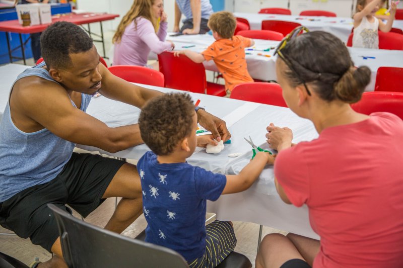 Families making art in the classroom