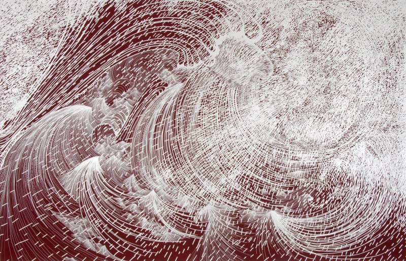 A painting with silver swirling lines on a dark red background