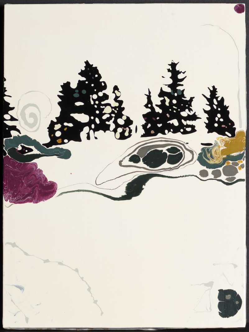 A painting that looks like trees and a snowy field with abstract colored shapes in the snow