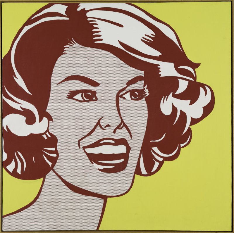 A painting of a woman's head in red and yellow