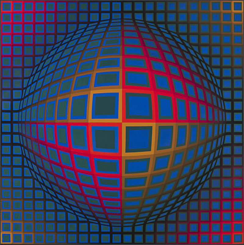 Op art in shades of pink, yellow, green, and blue
