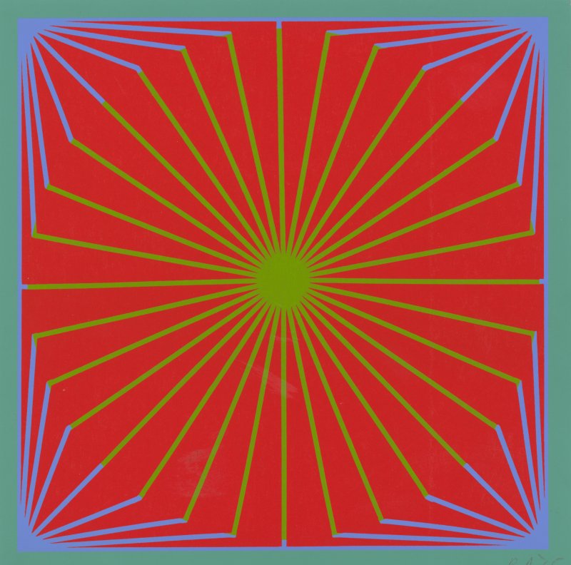 A square artwork with a red background and patterned lines