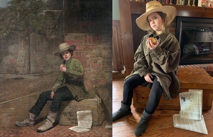 Thomas LeClear's Buffalo Newsboy, at left, and a girl re-creating the painting, at right