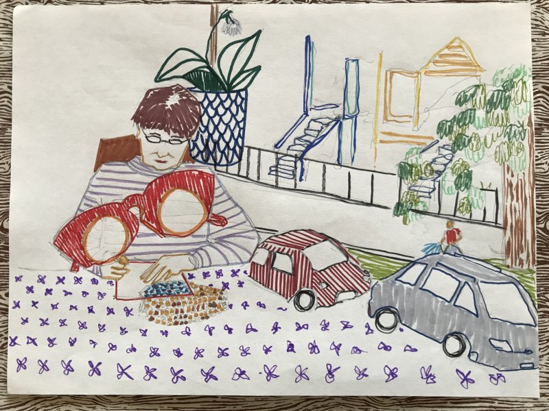 Drawing of a person sitting at a table, cars, sunglasses, and a window