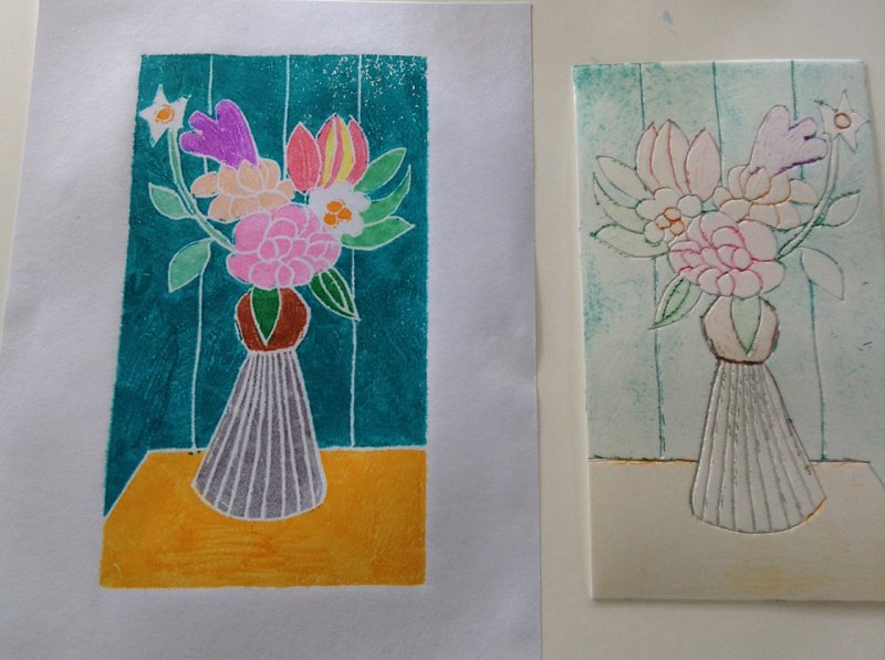 A colorful print of a vase of flowers next to the foam piece used to make the print