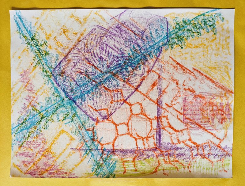 A white sheet of paper with different colored and textured crayon rubbings all over it