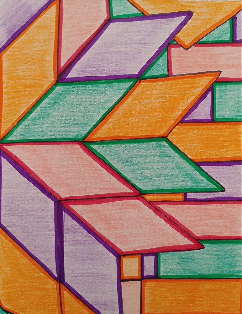 An artwork made of triangles and rectangles in different colors