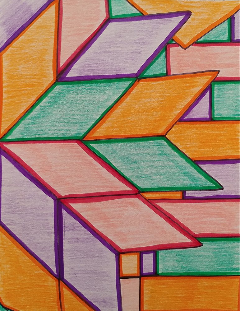 An artwork made of triangles and rectangles in different colors