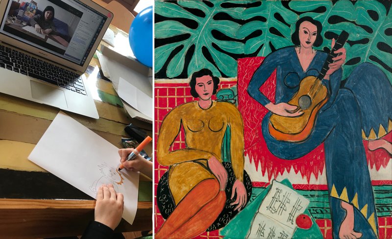 A person coloring a lion in front of a computer screen and a painting of two women, seated, one playing a guitar
