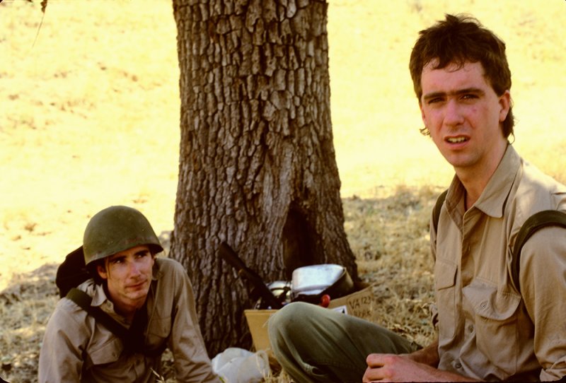 Production photograph featuring Mike Kelley and Tony Oursler from the 1980 filming of Tony Conrad’s Hail the Fallen, 1981