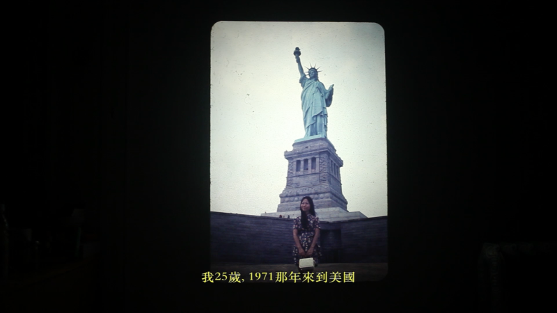 A photograph of a woman standing in front of the Statue of Liberty