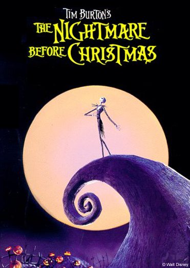 Movie poster for The Nightmare Before Christmas showing a skeleton man standing on top of a curly-q hill in front of a giant white moon