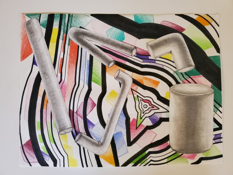 A drawing of tubular shapes on top of black lines and colored areas