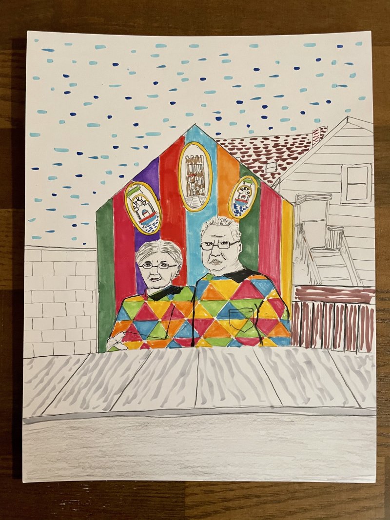 A drawing of a mural on the side of a house. The mural features an older man and woman in colorful sweaters.