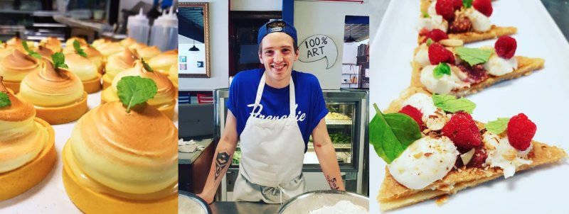 Camille le Caer in the kitchen, with photos of food he has created on either side